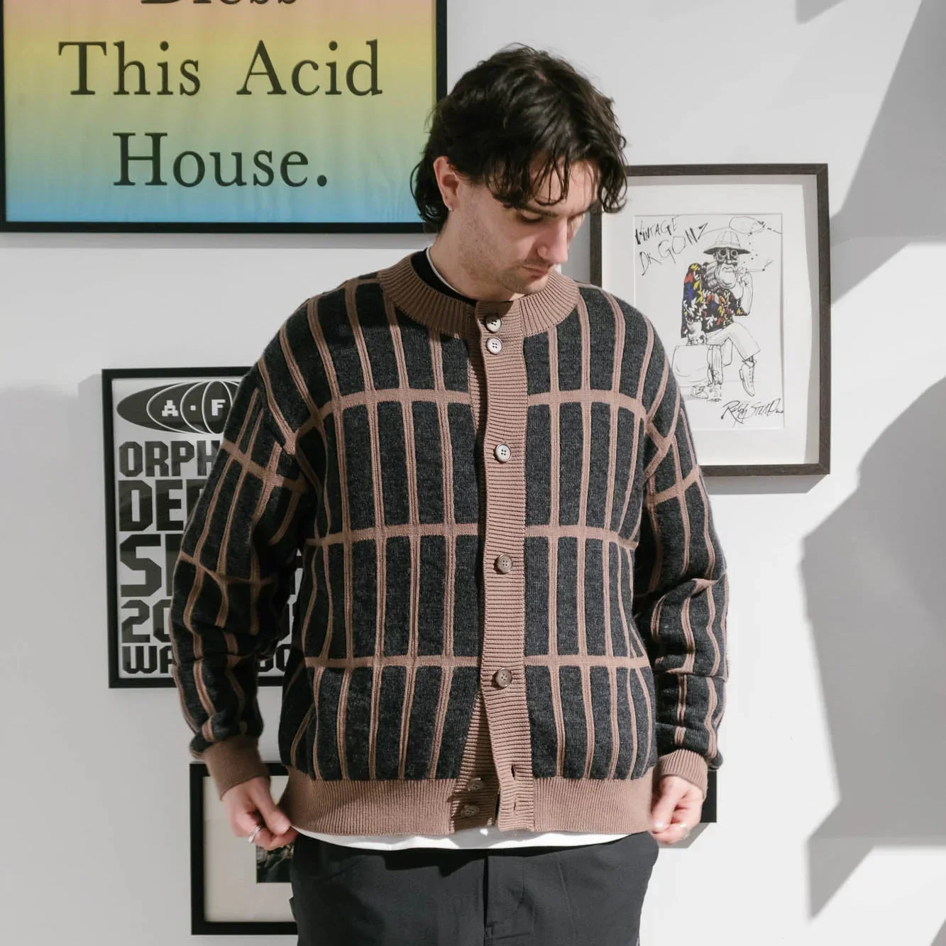 Cav Empt Rectangular Bar Knit Cardigan - Brown - Image 2